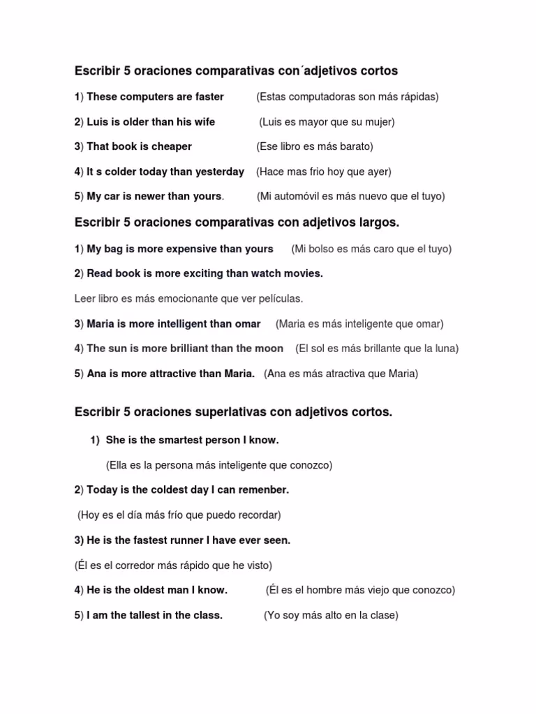 ¿Cuáles son 5 oraciones que utilizan adjetivos comparativos?
